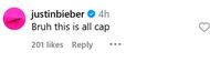 Justin Bieber comments on Eddie Benjamin's post (Image via Instagram/@eddiebenjamin)